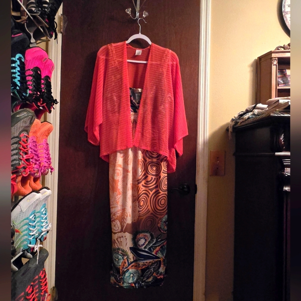 Chic Orange Cardigan with Patterned Jessica Taylor Dress